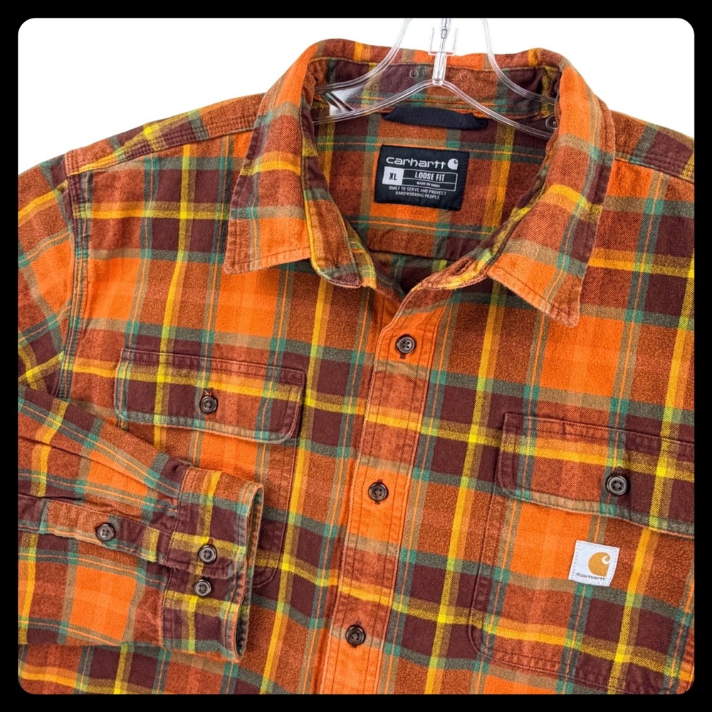 Carhartt Heavy Flannel Shirt Men XL Orange Brown Plaid Cotton Loose Fit TW4451-M